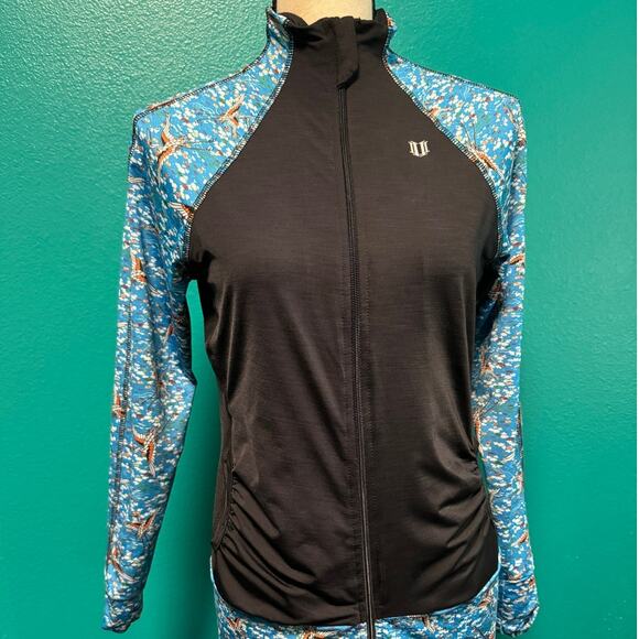 Eleven by Venus Williams Activewear Jacket Black Rouched Blue Crane Print Small - Picture 6 of 12